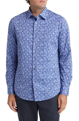 Bugatchi James OoohCotton Leaf Print Button-Up Shirt Air Blue at Nordstrom,