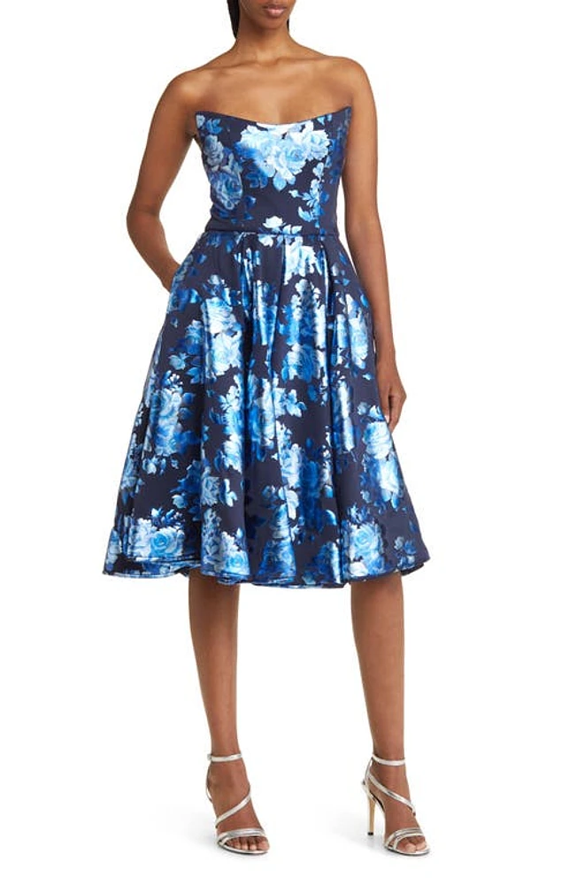 Black Halo Clara Floral Strapless Fir & Flair Dress in Crystal Bloom at Nordstrom, Size 14