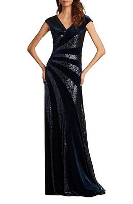 Tadashi Shoji Sequin Stripe Velvet Column Gown Navy at Nordstrom,