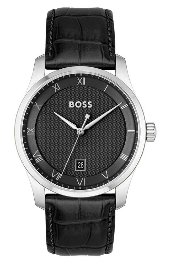 BOSS Principle Leather Strap Watch, 44mm in Black at Nordstrom