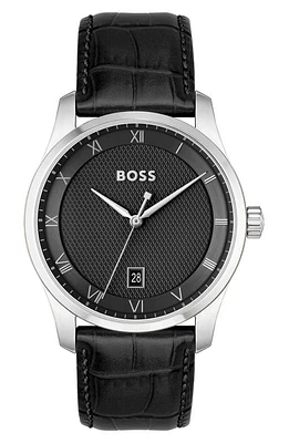 BOSS Principle Leather Strap Watch, 44mm in Black at Nordstrom