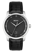 BOSS Principle Leather Strap Watch, 44mm in Black at Nordstrom