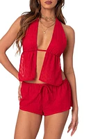 EDIKTED Cayenne Eyelet Split Front Open Back Halter Top Red at Nordstrom,