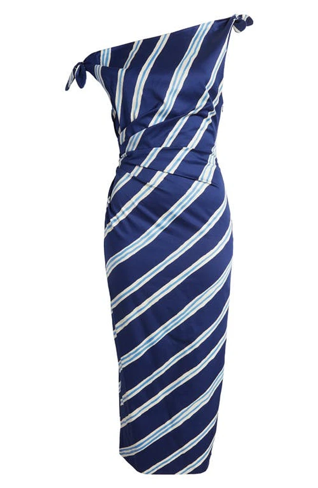 MANGO Salome Stripe One-Shoulder Cotton Dress Medium Blue at Nordstrom,