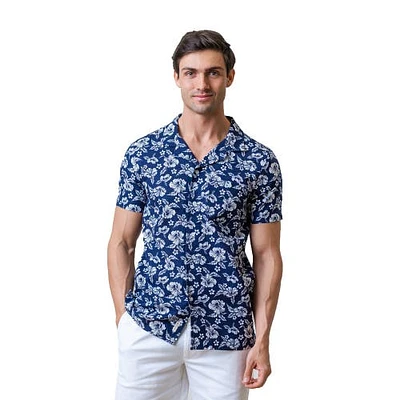 Hope & Henry Mens' Linen Short Sleeve Camp Shirt in Navy Hibiscus Linen at Nordstrom