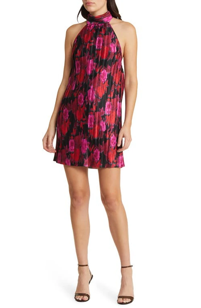 Charles Henry Floral Pleated Halter Neck Minidress Red Roses at Nordstrom,