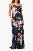 Betsy & Adam Floral Print Cowl Neck Gown Black/Multi at Nordstrom,