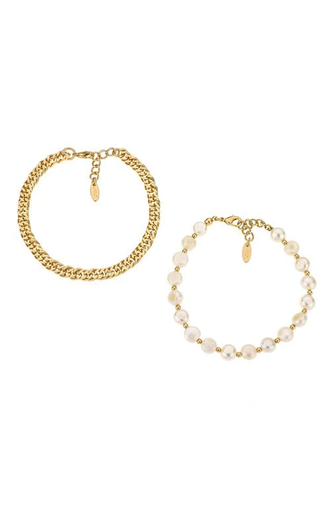 Ettika Set of 2 Cultured Freshwater Pearl & Curb Chain Anklets in Gold at Nordstrom