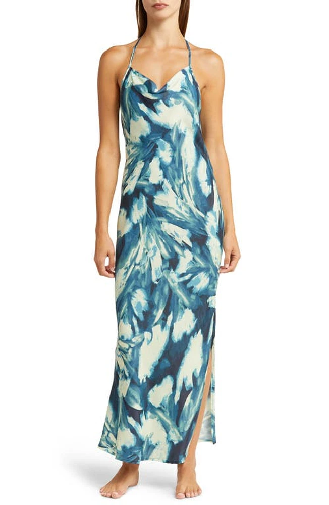 Open Edit Cowl Back Satin Nightgown Blue Painterly Abstract Floral at Nordstrom,