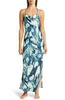 Open Edit Cowl Back Satin Nightgown Blue Painterly Abstract Floral at Nordstrom,