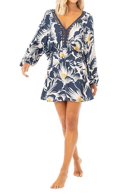 Maaji Delft Flowers Sierra Long Sleeve Cover-Up Tunic Dress in Blue at Nordstrom, Size Large