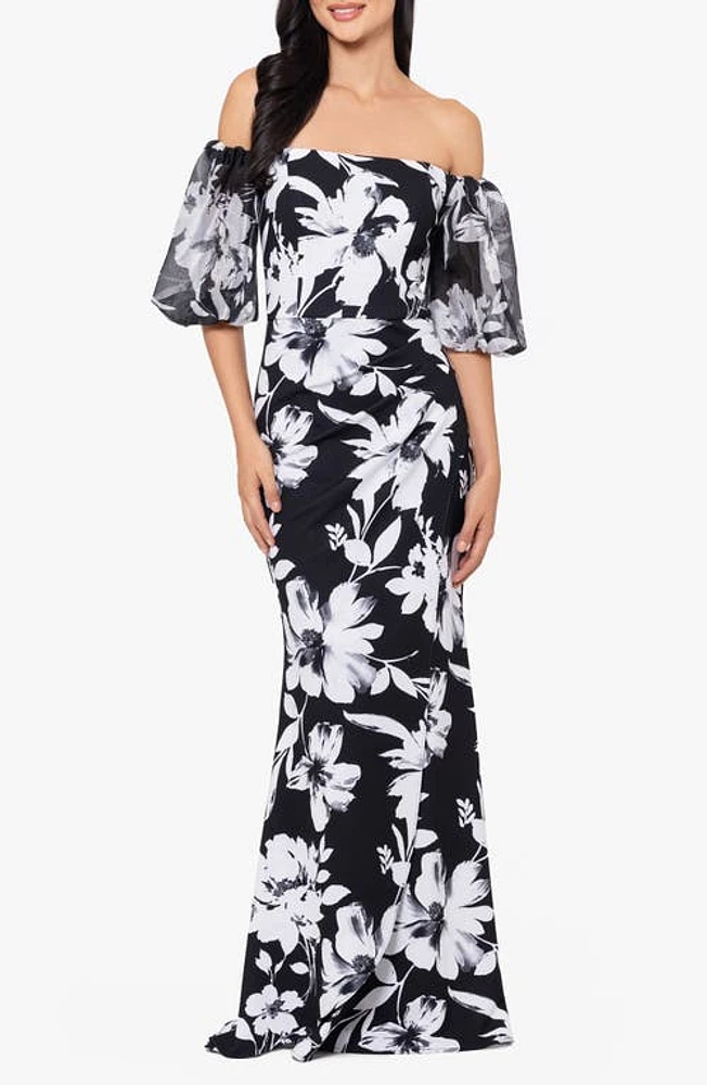 Xscape Evenings Floral Off the Shoulder Puff Sleeve Scuba Sheath Gown Black/White at Nordstrom,