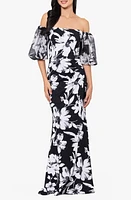 Xscape Evenings Floral Off the Shoulder Puff Sleeve Scuba Sheath Gown Black/White at Nordstrom,