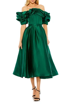 Mac Duggal Ruffle Off the Shoulder Satin Midi Cocktail Dress Emerald at Nordstrom,