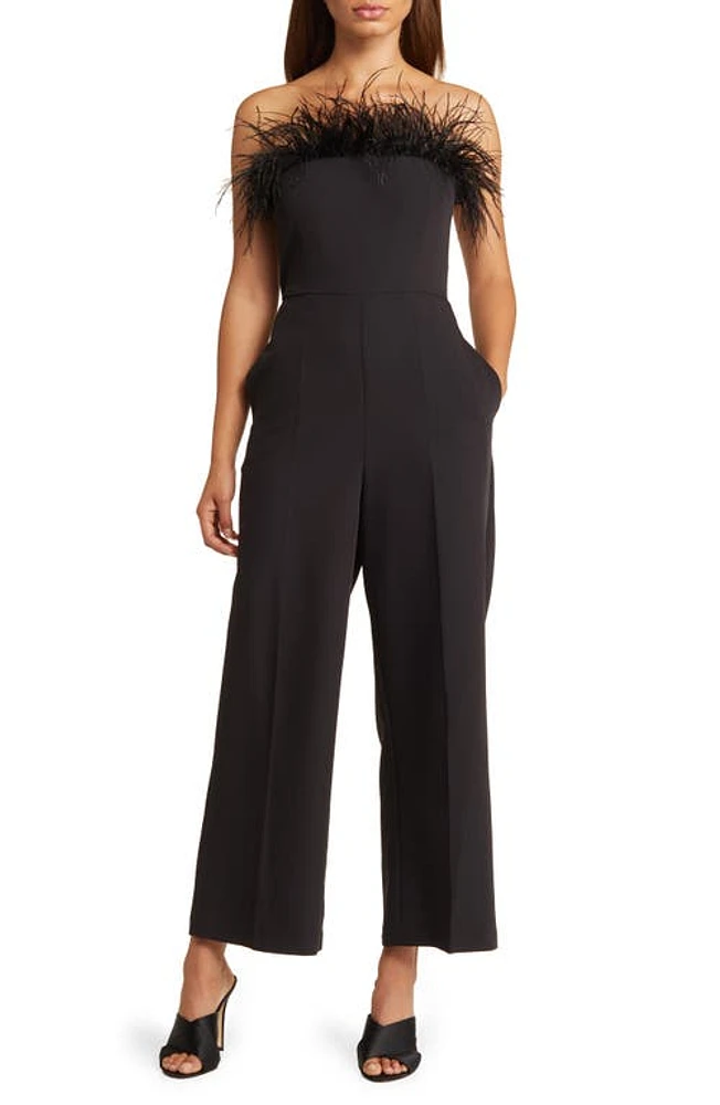 Sam Edelman Feather Trim Strapless Jumpsuit Black at Nordstrom,