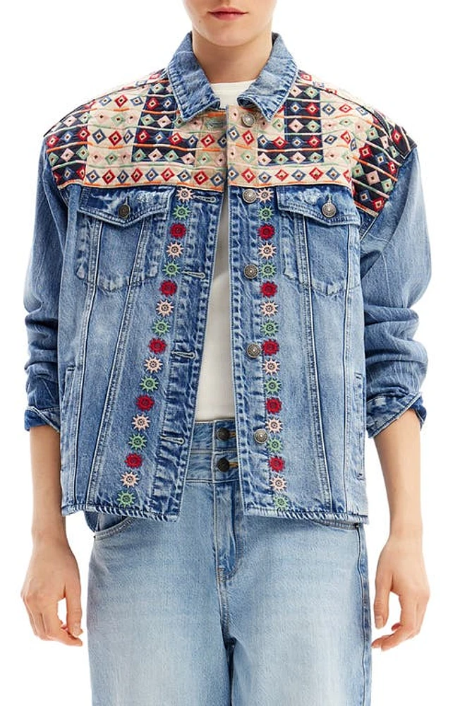 Desigual Embroidered Denim Trucker Jacket Blue at Nordstrom,