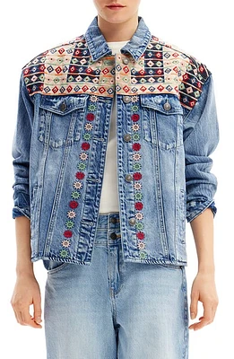 Desigual Embroidered Denim Trucker Jacket Blue at Nordstrom,