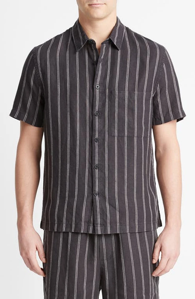 Vince Moonbay Stripe Short Sleeve Button-Up Shirt Soft Black/Light Black at Nordstrom,