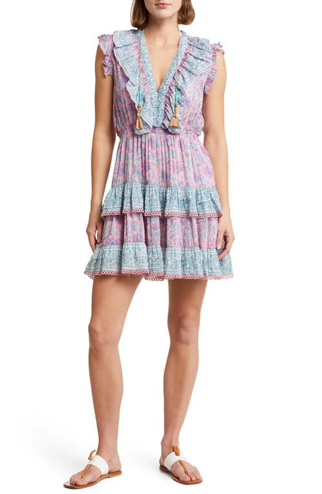 ALICIA BELL Rainey Mixed Floral Ruffle Tiered Cotton & Silk Cover-Up Dress in Purple Print at Nordstrom, Size X-Large