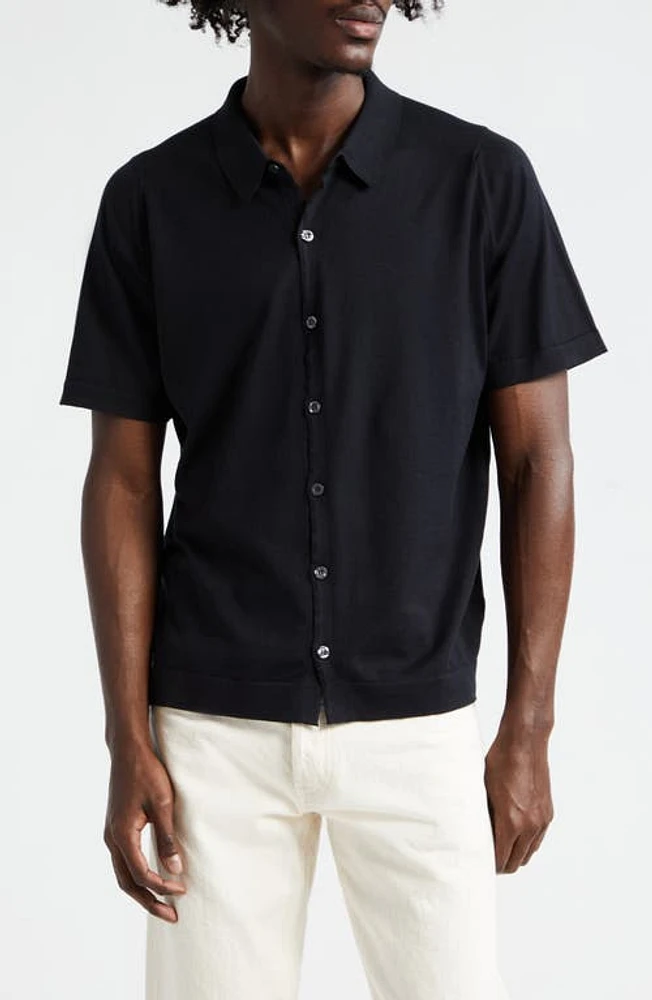 John Smedley Folke Knit Short Sleeve Cotton Button-Up Shirt Black at Nordstrom,