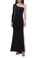 Xscape Evenings Rhinestone Long Sleeve Gown Blknudslvr at Nordstrom,