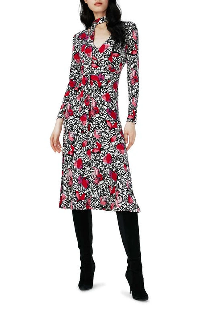 Diane von Furstenberg Marsha Tie Neck Long Sleeve Midi Dress Signature Floral at Nordstrom,