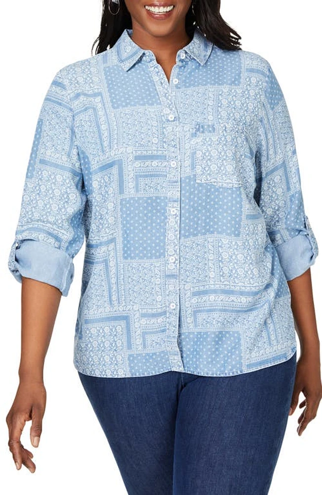 Foxcroft Print Roll-Tab Shirt Bluewash at Nordstrom,