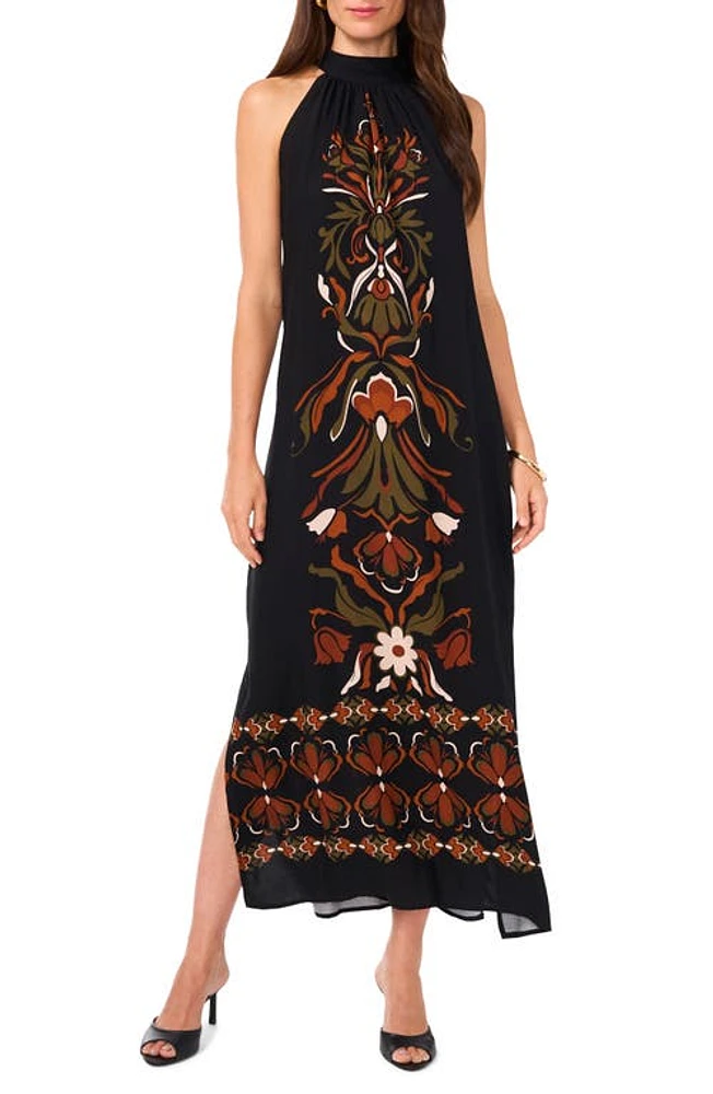 Vince Camuto Floral Halter Neck Dress Rich Black at Nordstrom,