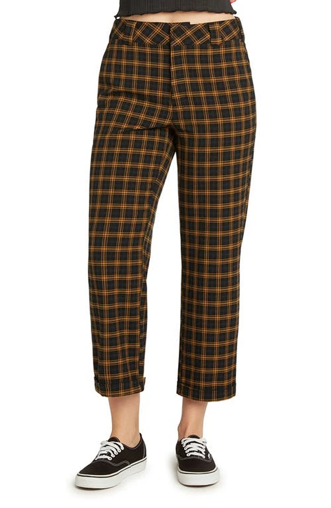 Dickies Work Plaid High Waist Straight Leg Crop Pants in Brown Duck/Black Plaid at Nordstrom, Size 9