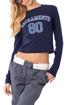 EDIKTED Sacramento Long Sleeve Crop Graphic Tee Blue at Nordstrom,