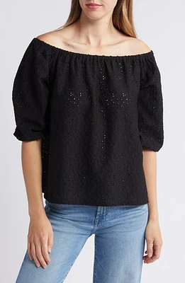 Loveappella Off the Shoulder Eyelet Top Black at Nordstrom,