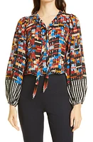 KOBI HALPERIN Sloane Tile Print Tie Neck Blouse in Lapis Multi at Nordstrom, Size Small