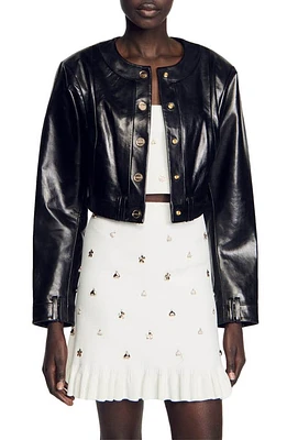 sandro Miley Leather Crop Jacket Black at Nordstrom,