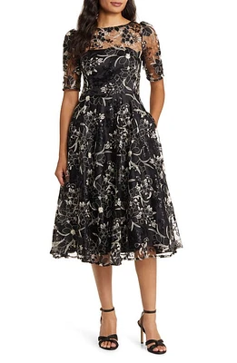 Eliza J Sequin Floral Embroidery Fit & Flare Cocktail Midi Dress at Nordstrom,