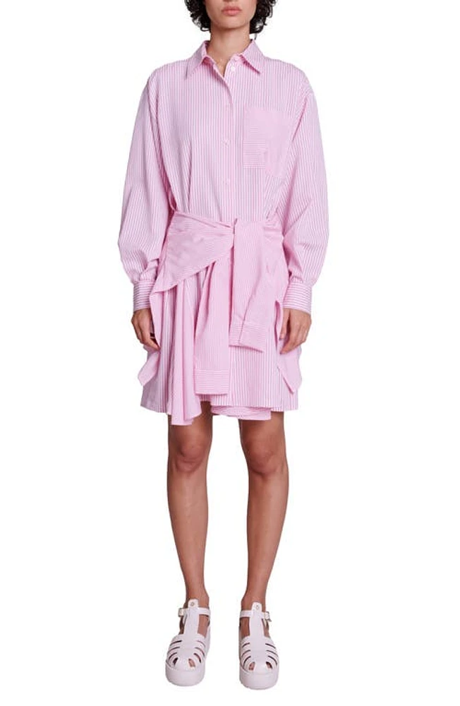 maje Riavita Tie Waist Long Sleeve Shirtdress Pink at Nordstrom,