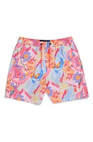 Psycho Bunny Kids' Benton Print Swim Trunks Fuchsia Purple at