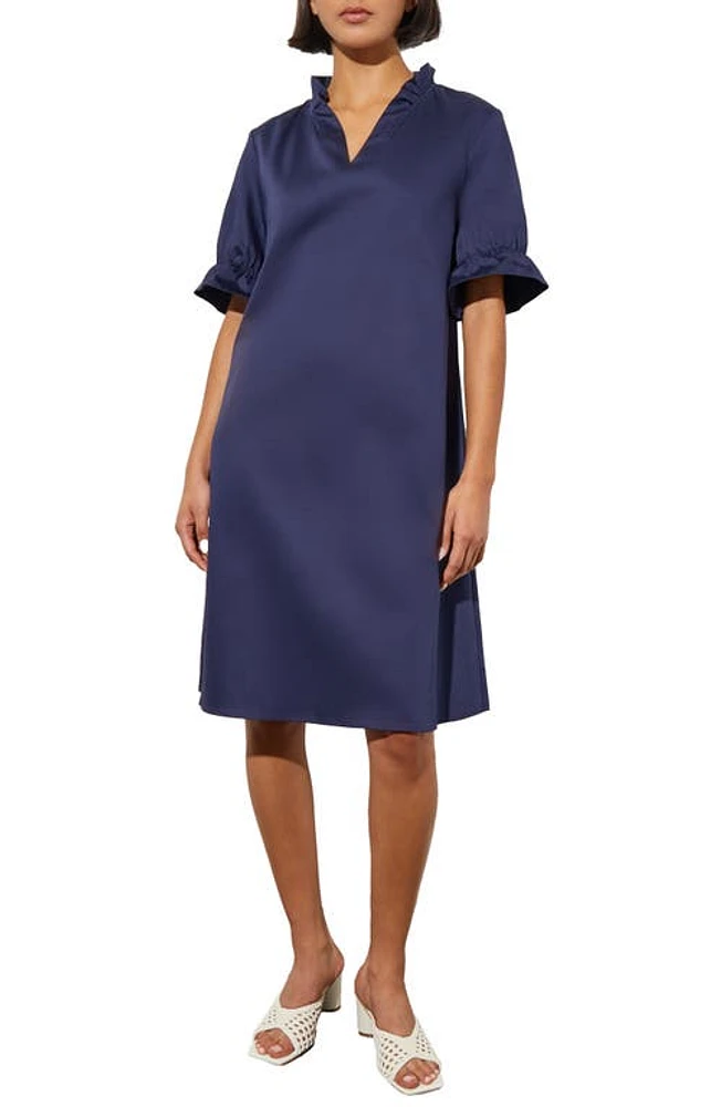 Ming Wang Ruffle Trim Cotton Poplin Shift Dress in Indigo at Nordstrom, Size X-Small