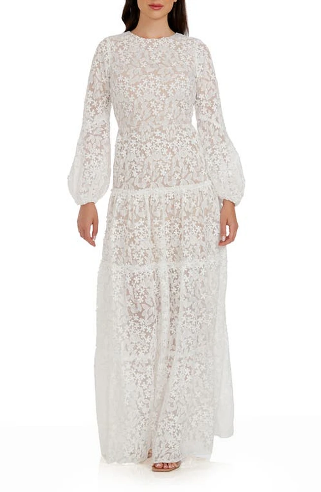 Dress the Population Lyra Semisheer Long Sleeve Gown White at Nordstrom,