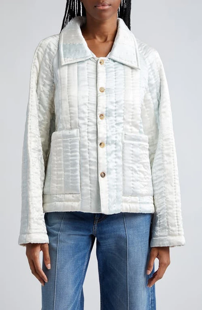 Bode Banker Stripe Quilted Satin Jacket White Blue at Nordstrom,