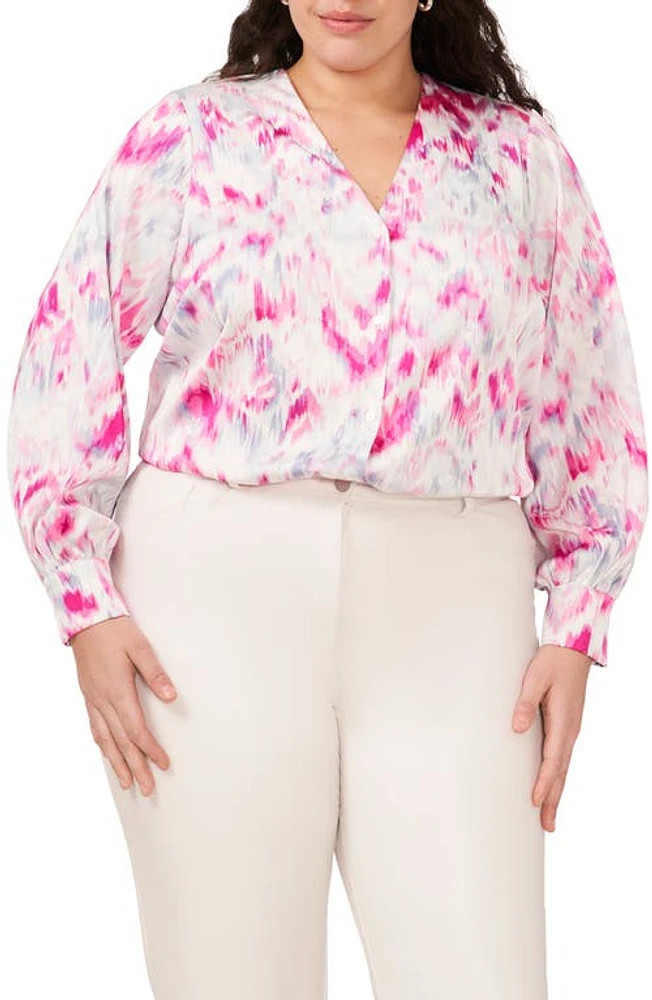 halogen(r) Collarless Satin Button-Up Shirt Magenta at Nordstrom,