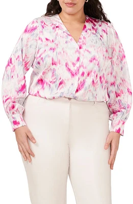 halogen(r) Collarless Satin Button-Up Shirt Magenta at Nordstrom,