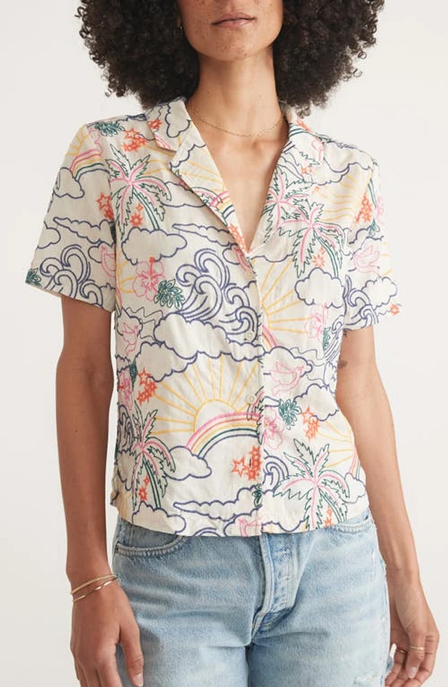 Marine Layer Lucy Embroidered Short Sleeve Lyocell & Linen Button-Up Resort Shirt Natural at Nordstrom,