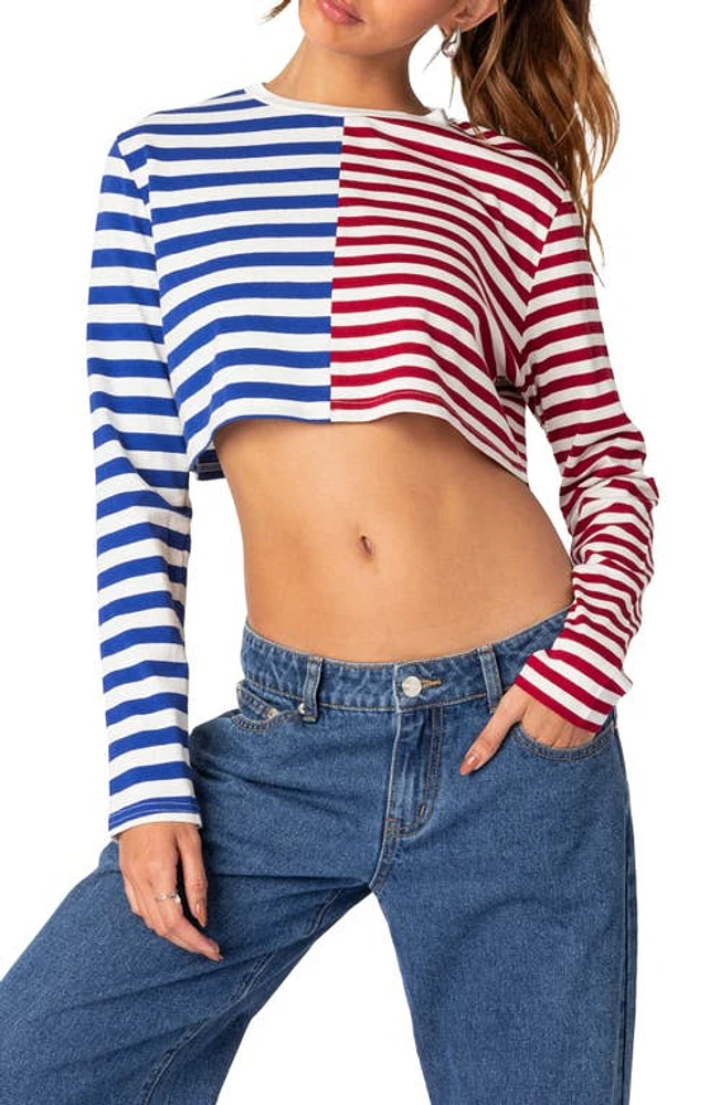 EDIKTED Mixed Stripe Stretch Cotton Crop Top Blue/red Mix at Nordstrom,