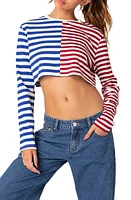 EDIKTED Mixed Stripe Stretch Cotton Crop Top Blue/red Mix at Nordstrom,