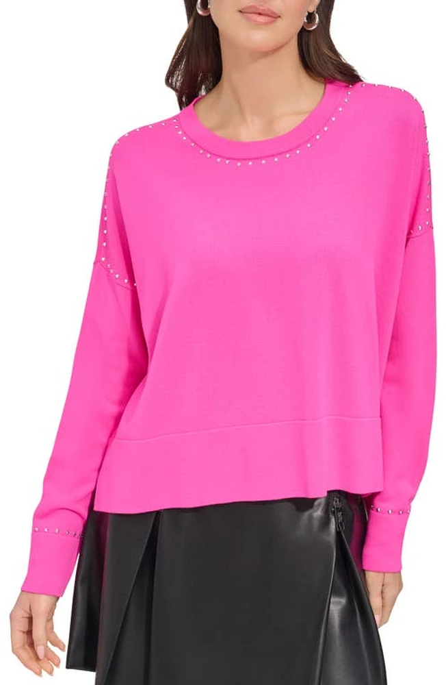 DKNY Stud Detail Crewneck Sweater Shocking Pink at Nordstrom,