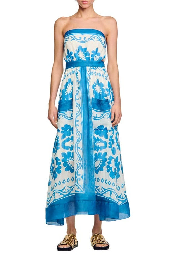 sandro Zarina Strapless Maxi Dress in Blue /White at Nordstrom, Size 4