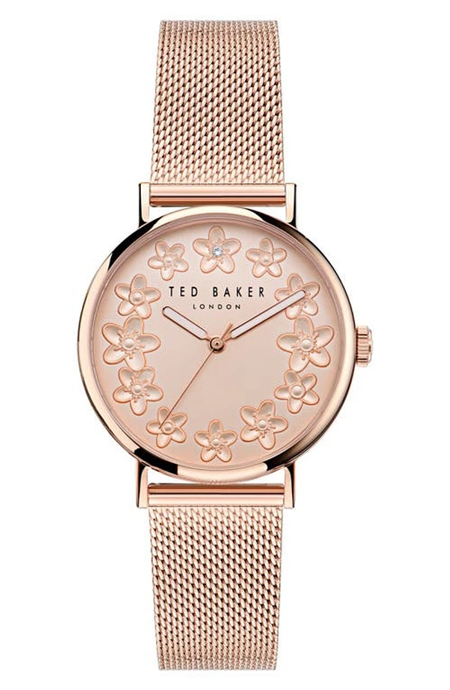 Ted Baker London Floral Leather Strap Watch in Rose Gold-Tone at Nordstrom