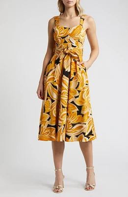 Tahari ASL Abstract Floral Belted Midi Dress Mustard Black at Nordstrom,