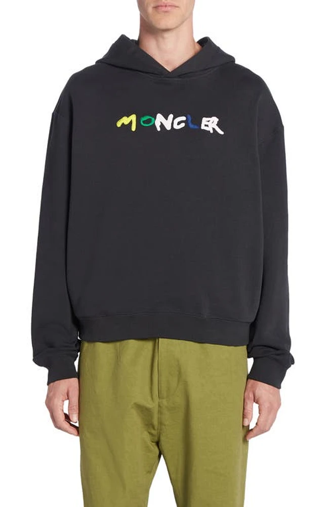 Moncler Logo Appliqué Cotton Hoodie Smoky Black at Nordstrom,