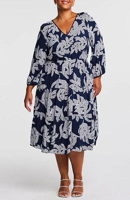 Estelle Leafy Long Sleeve Tiered Midi Dress Navy/Milk at Nordstrom,